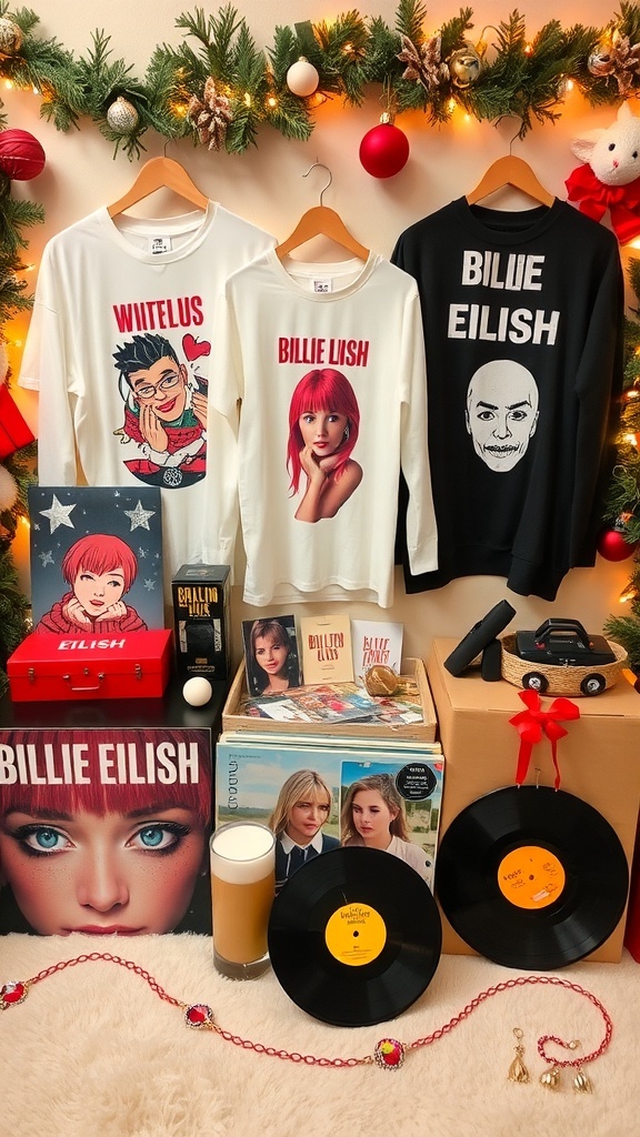 A collection of Billie Eilish inspired Christmas gifts, including merchandise and vinyl records, arranged with holiday decorations.